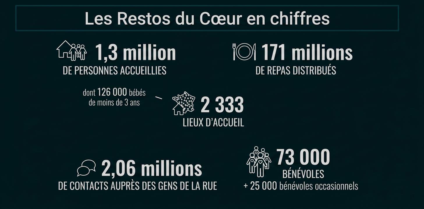 Infografik mit Zahlen zu Les Restos du Cœur: unterstützte Menschen, Mahlzeiten, Anlaufstellen, Kontakte und Freiwillige.